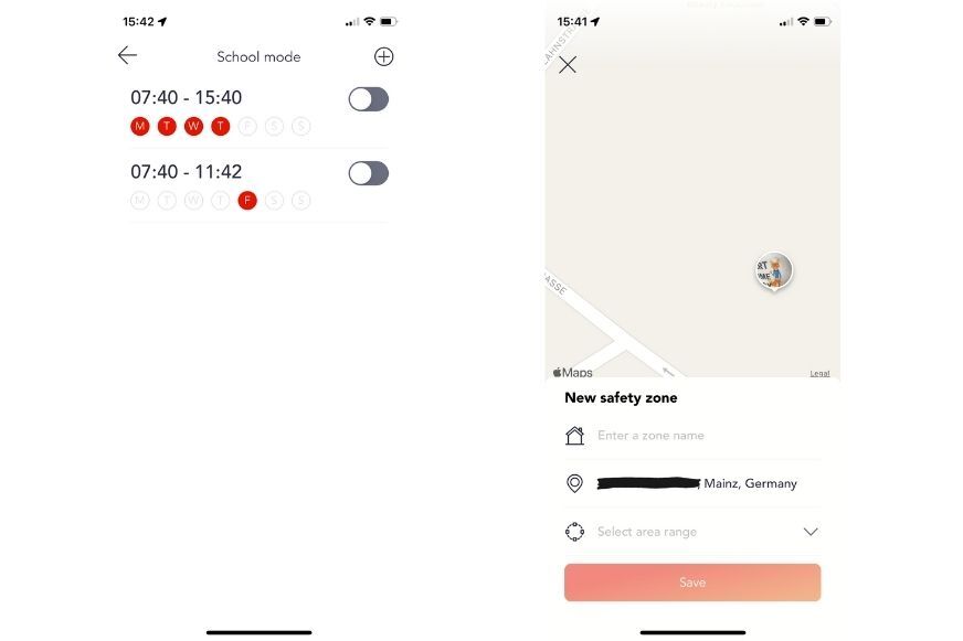 Man sieht den Schulmodus und die Möglichkeit, Sicherheitszonen einzurichten, in der XPLORA App. 